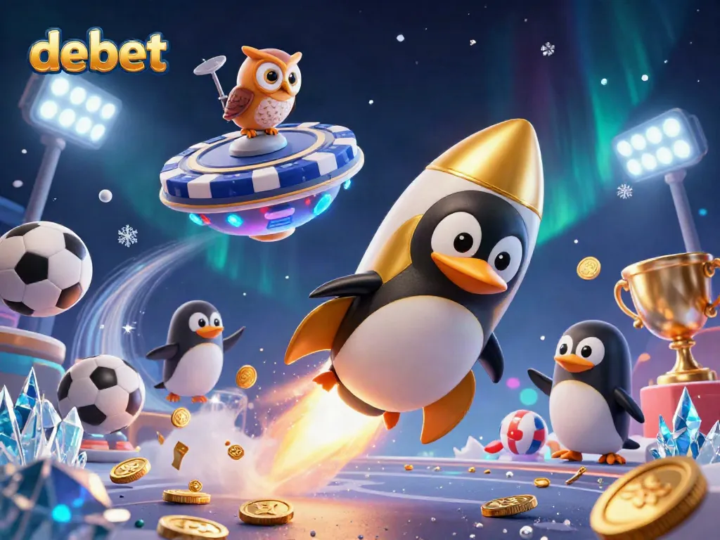 Experience the excitement of debet as a golden penguin zooms through space towards a casino.