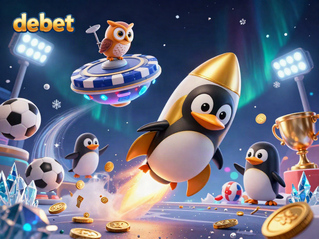 Experience the excitement of debet as a golden penguin zooms through space towards a casino.