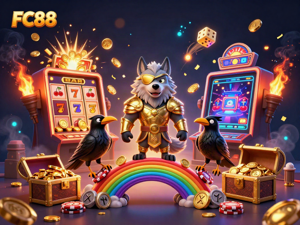 Experience the excitement of FC88 with a vibrant, detailed casino-themed illustration.