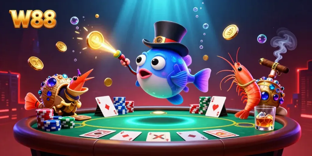 Engage with the vibrant world of W88 through a thrilling deep-sea casino adventure featuring colorful characters and poker elements.