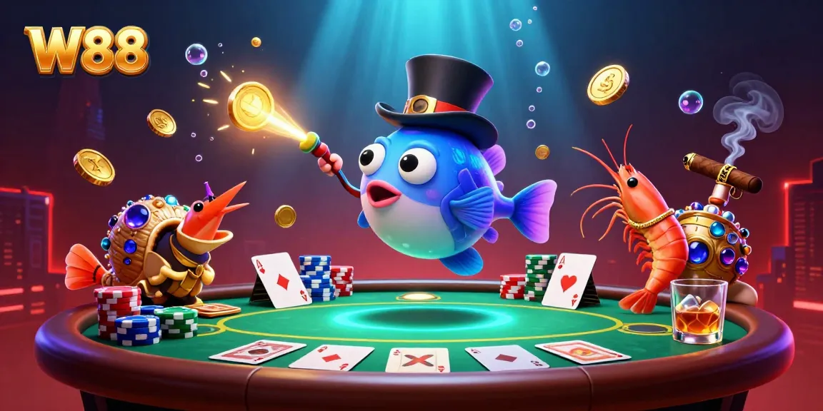 Engage with the vibrant world of W88 through a thrilling deep-sea casino adventure featuring colorful characters and poker elements.