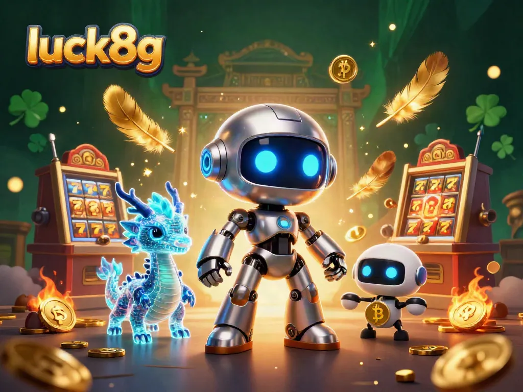 Experience the exciting world of luck8g with a vibrant 3D casino scene featuring robotic characters and slot machines.