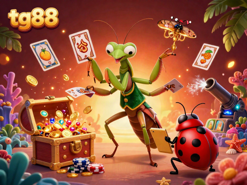Experience thrilling gameplay with tg88's vibrant casino scene featuring a mantis dealing cards amidst floating slot reels and treasures.