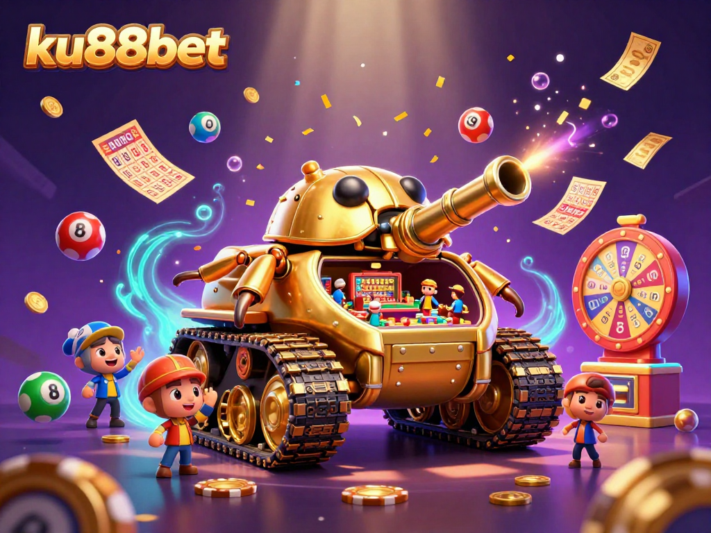 Experience the excitement of ku88bet in this vibrant casino scene with a golden beetle tank and game elements.