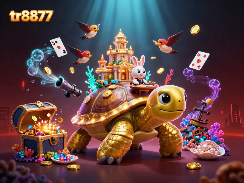 Spin the reels with tr8877 at a vibrant casino scene featuring a golden tortoise and rabbit dealer.