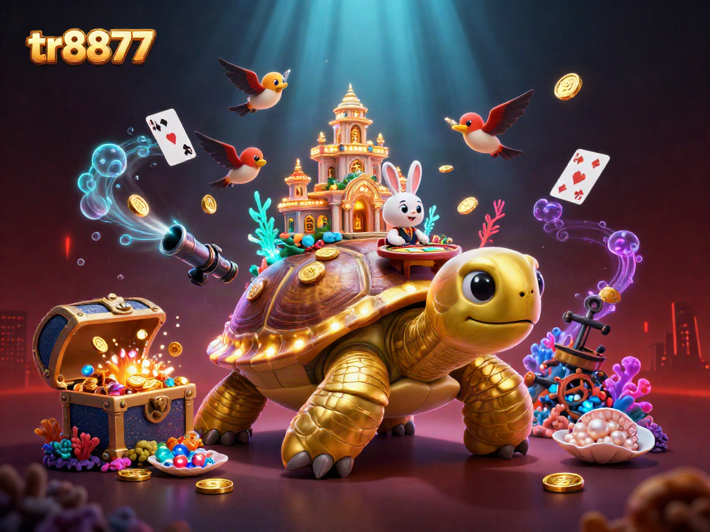 Spin the reels with tr8877 at a vibrant casino scene featuring a golden tortoise and rabbit dealer.