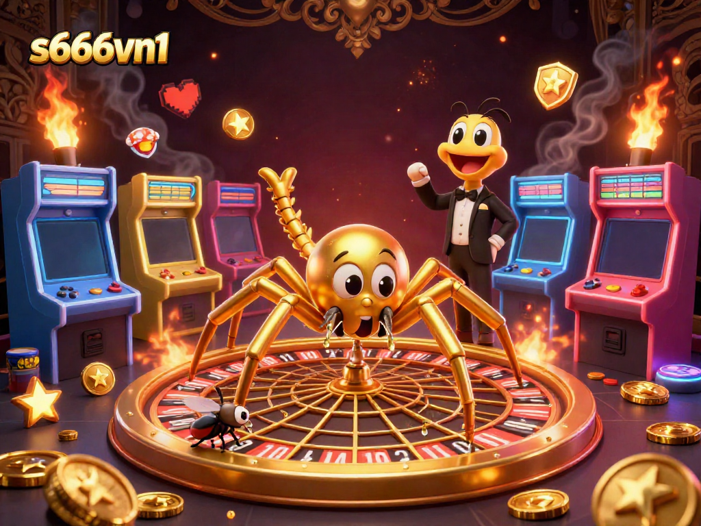 Experience thrilling bets at s666vn1 with a dynamic casino scene featuring vibrant 3D characters and gaming elements.