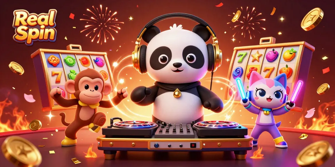 Engaging Real Spin casino scene with lively characters playing slots amidst dynamic casino elements.