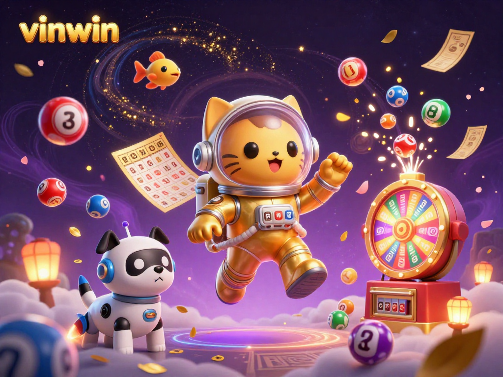 Experience vinwin with a thrilling 3D illustration of a space cat and robot dog amidst vibrant lottery elements.