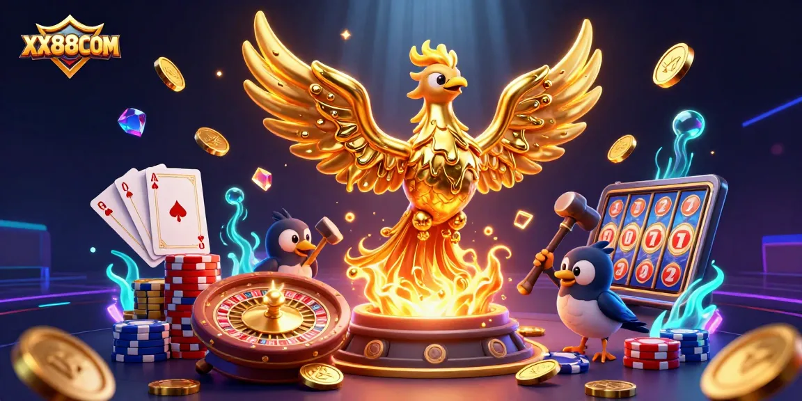 Experience the thrill of gameplay at XX88COM with a vibrant 3D casino scene showcasing gold coins and gaming elements.