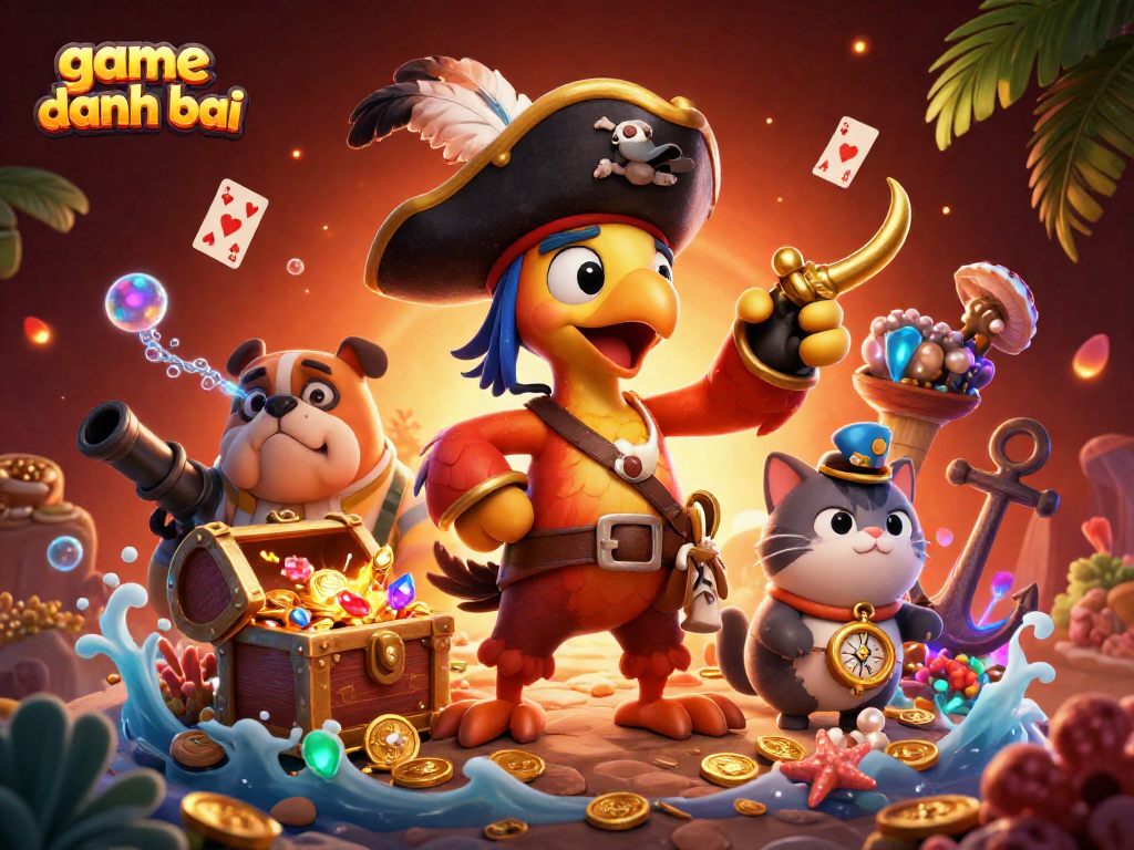 Engage in game danh bai action with vibrant characters exploring treasures and cards in a lively casino scene.