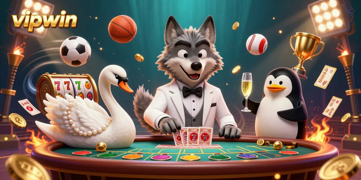 Engage in thrilling games at vipwin with a 3D casino scene featuring dynamic characters and elements.