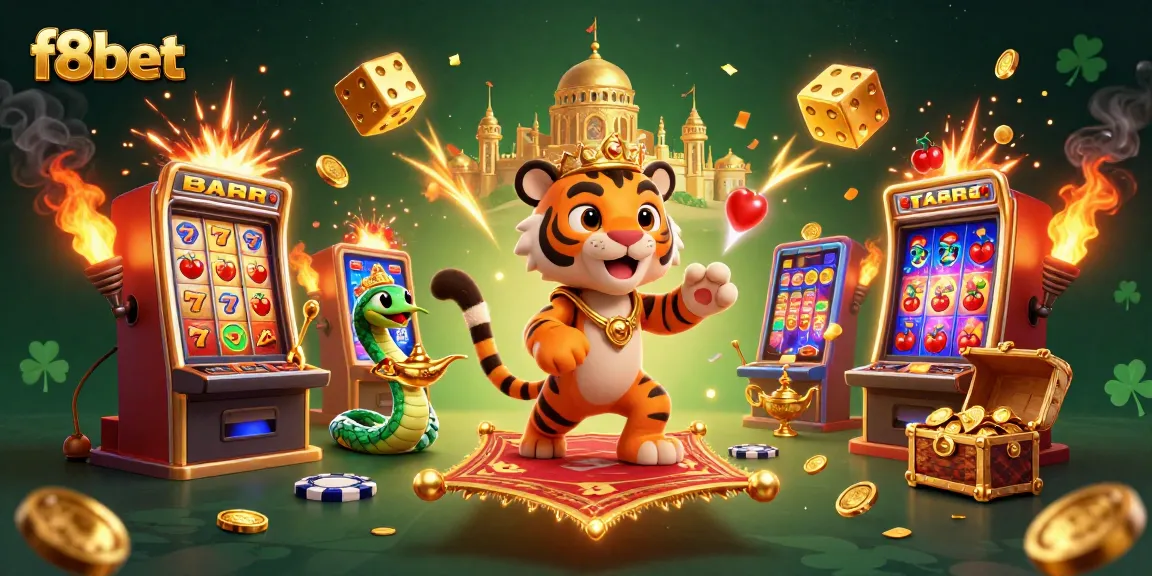 Experience the excitement of f8bet with a vibrant 3D casino scene featuring slot machines and a tiger sultan.