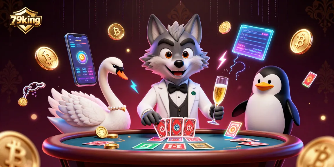 Engage in thrilling games at 79king casino with vibrant characters and neon crypto elements.
