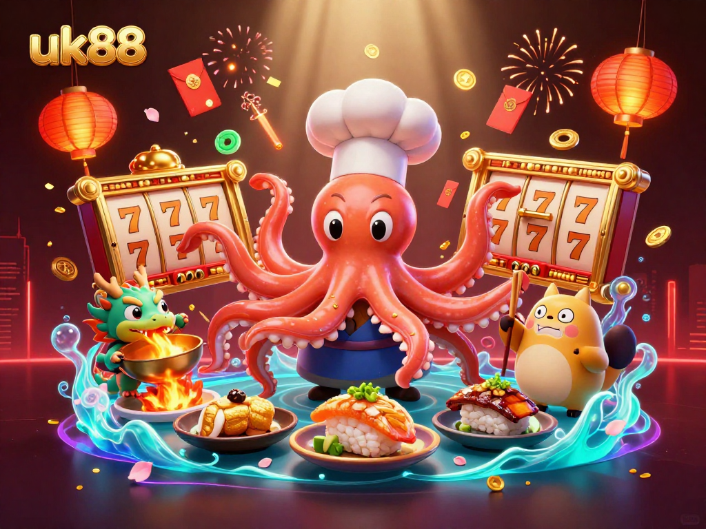 Play exciting slots at uk88 with a dynamic scene featuring a cartoon chef octopus and vibrant casino elements.