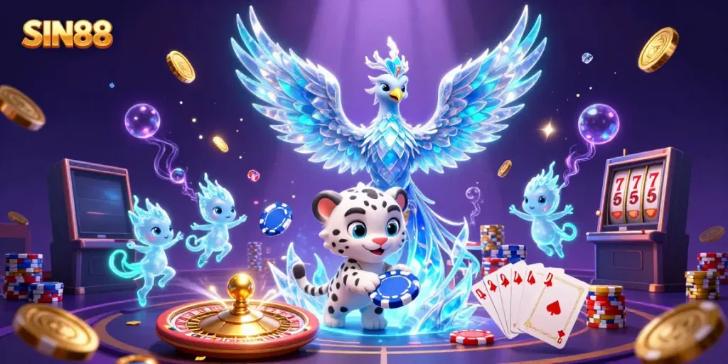Experience the excitement at SIN88 with vibrant characters and dazzling casino elements in this engaging illustration.