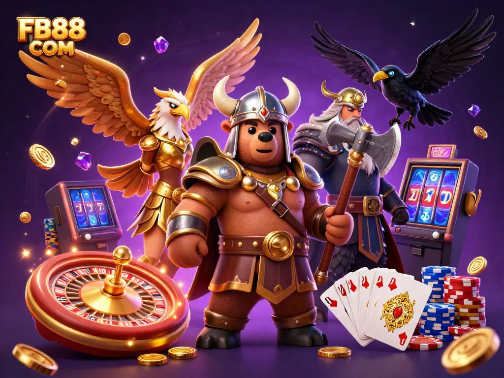 Experience the excitement at FB88 COM with a dynamic 3D casino scene featuring a Viking bear and Valkyrie eagle.