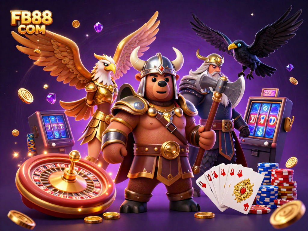 Experience the excitement at FB88 COM with a dynamic 3D casino scene featuring a Viking bear and Valkyrie eagle.
