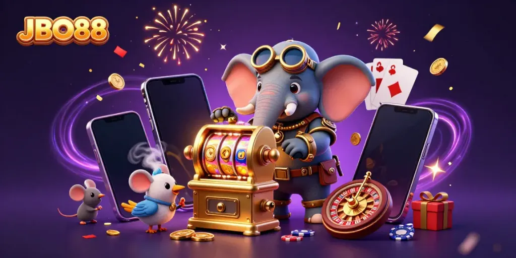 Play slots at JBO88 featuring a charming steampunk elephant with mechanical assists in a vibrant casino scene.