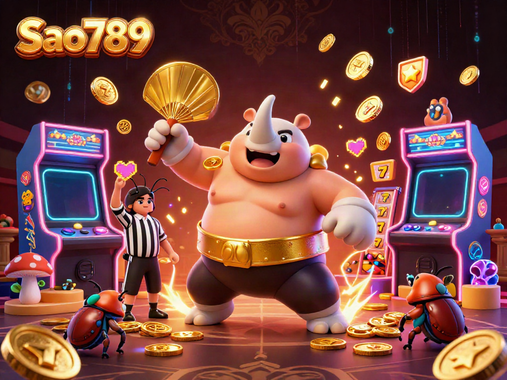 Engage in thrilling gameplay at Sao789, where a 3D rhinoceros beetle champion celebrates wins with flying coins.