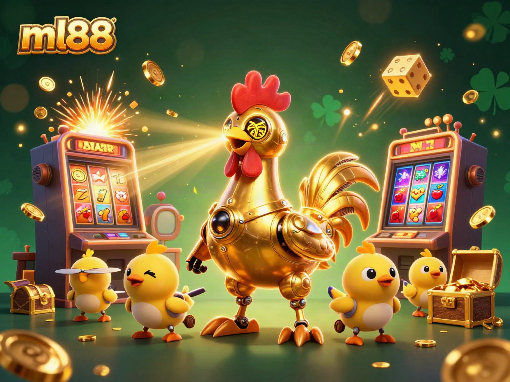 Experience the thrill of gaming at ml88 with a dynamic, action-packed casino scene featuring a golden rooster robot and baby chick drones among slots and jackpots.