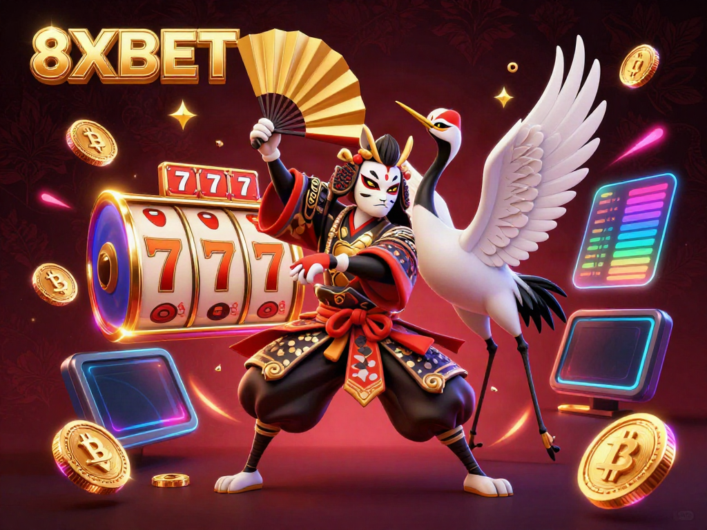 Engage with the vibrant world of 8XBET through this detailed illustration showcasing a kabuki warrior in a lively casino scene.