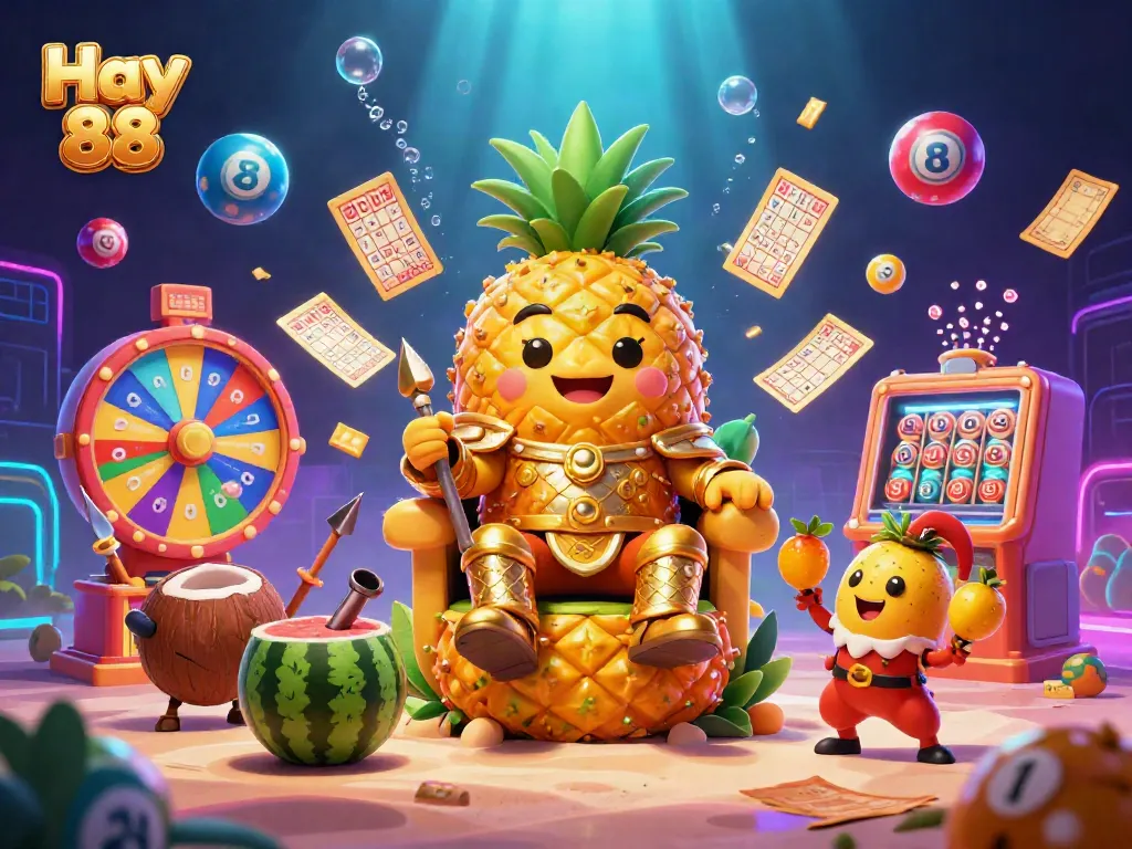 Engage with Hay 88's vibrant casino scene featuring a golden pineapple king and exciting lottery elements.