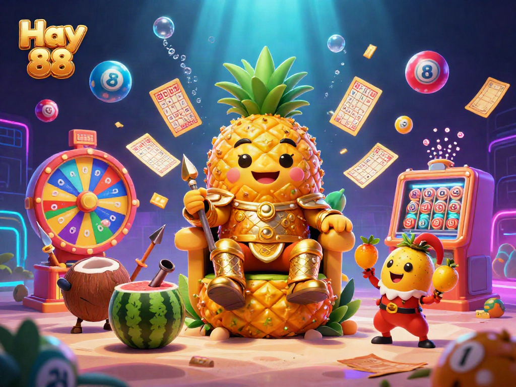 Engage with Hay 88's vibrant casino scene featuring a golden pineapple king and exciting lottery elements.