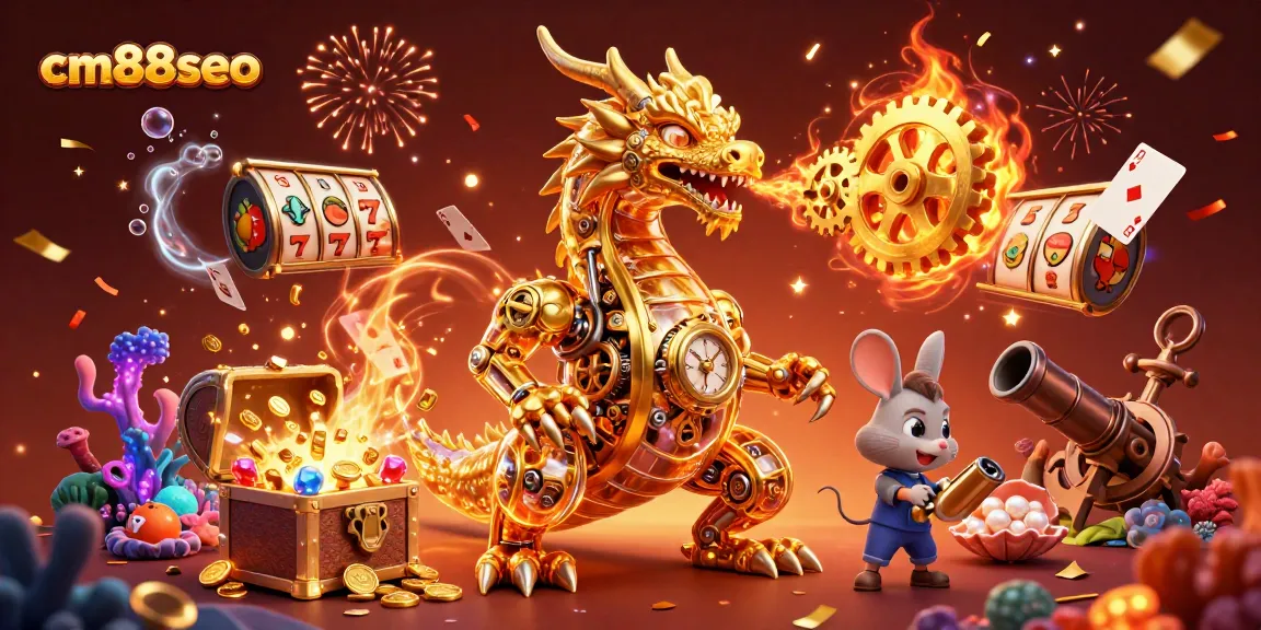 Engage with cm88seo strategies as a golden dragon breathes cogs alongside slot reels in a vibrant casino scene.