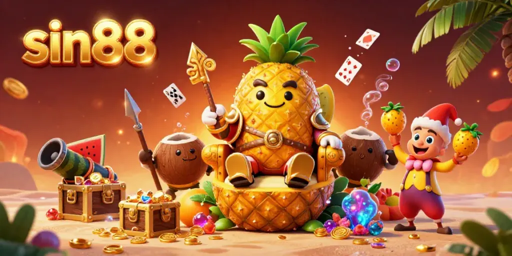 Experience the thrilling casino ambiance with sin88's vibrant 3D illustration featuring a golden pineapple king and dynamic game elements.