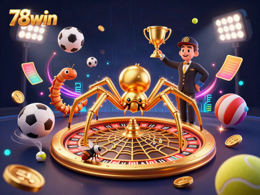 Engaging action at 78win, featuring a golden spider and centipede croupier in a vibrant gambling scene.