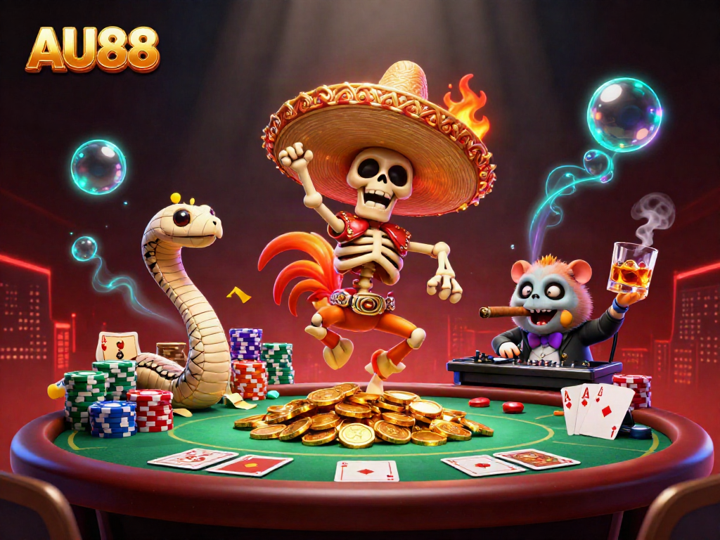 Experience exciting wins at AU88 online casino with our vibrant scene featuring unique characters.