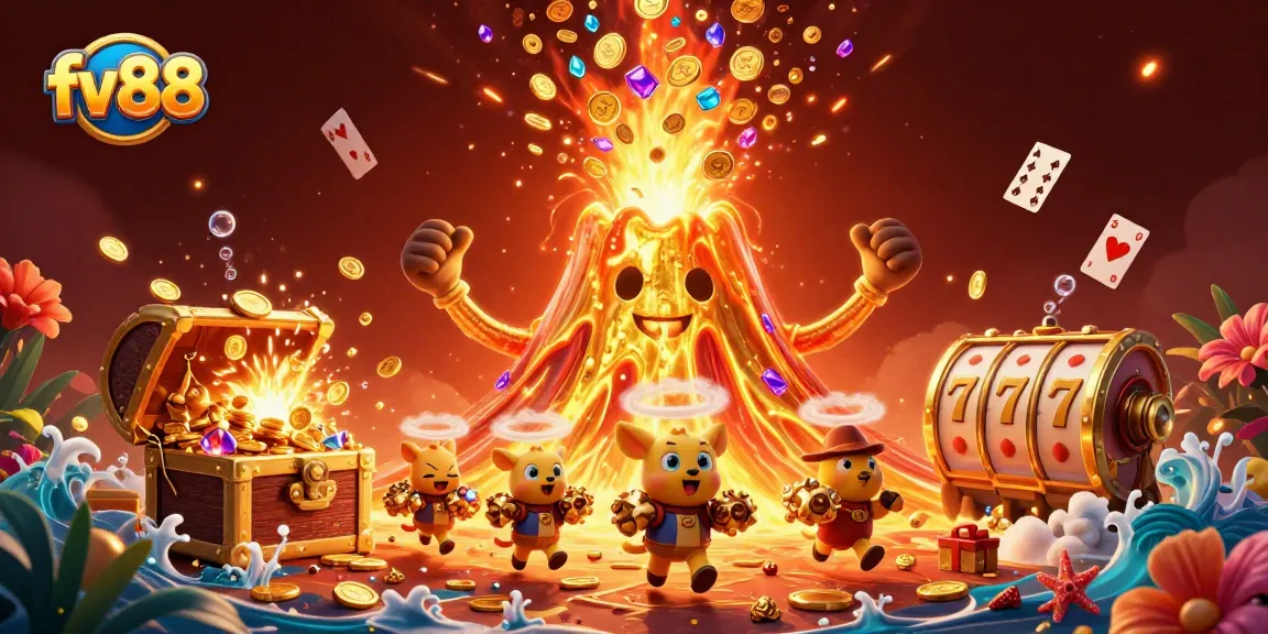 fv88 showcases an energetic scene with a golden volcano and treasure, perfect for online casino promotions.