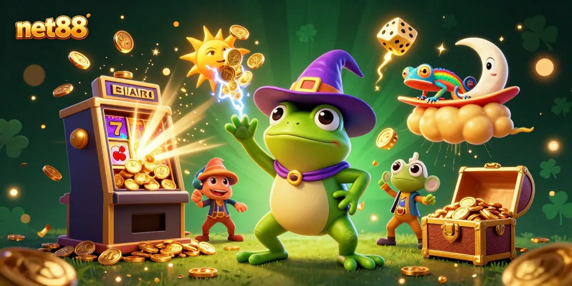 Experience excitement at net88 with a lively scene featuring a wizard frog, chameleon, and vibrant casino elements.