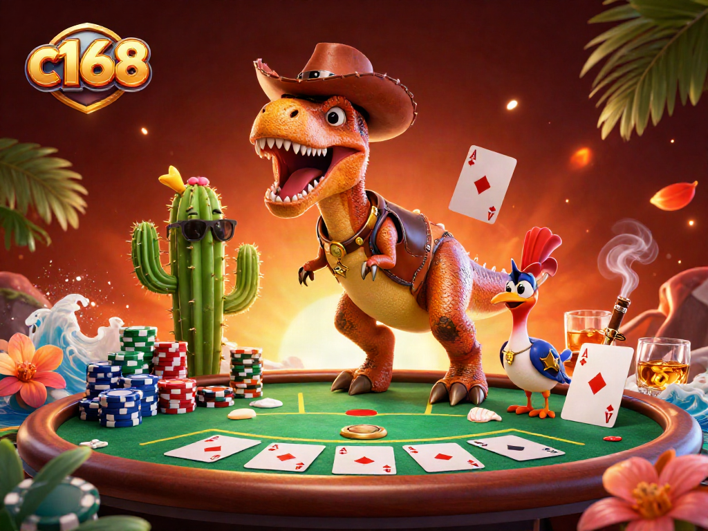 Watch c168's cowboy dinosaur and cactus enjoy a vibrant poker showdown in a lively casino scene.