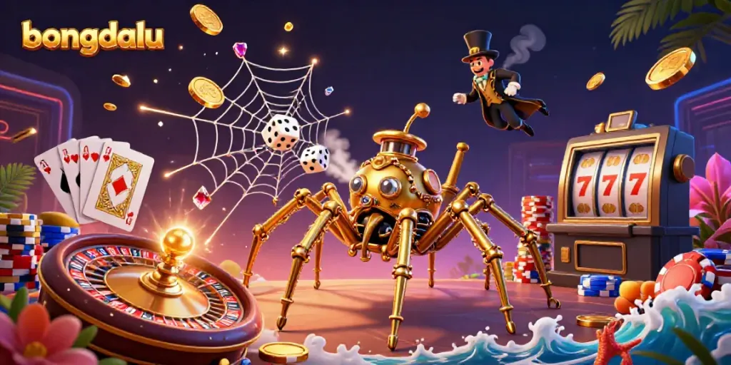 Experience dynamic gambling action with Bongdalu's vibrant illustration featuring a steampunk spider and Victorian fly.