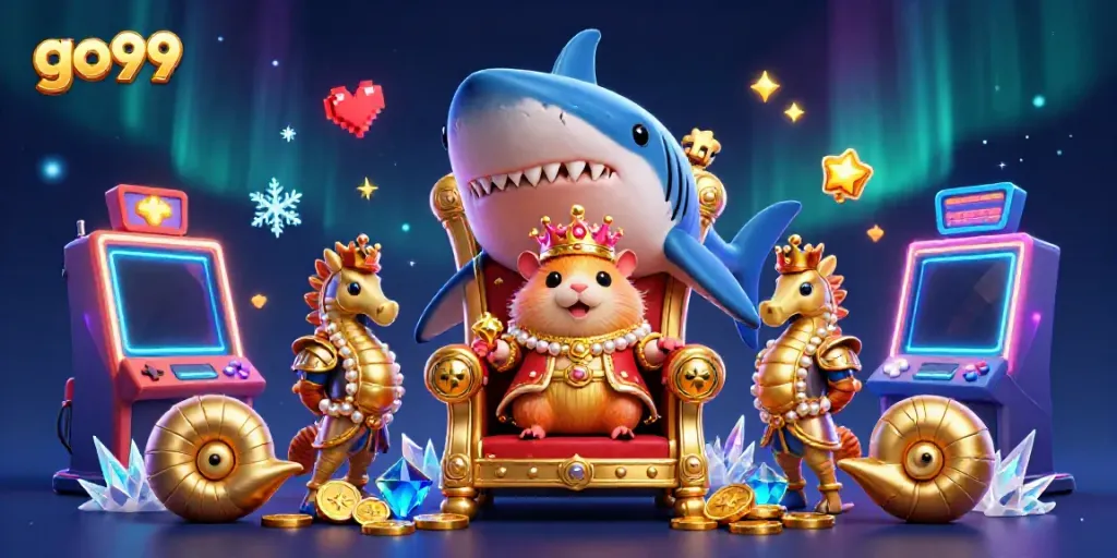 Engage with the vibrant world of go99, where a fierce golden hamster king and seahorse guards thrive amidst colorful slot machines.