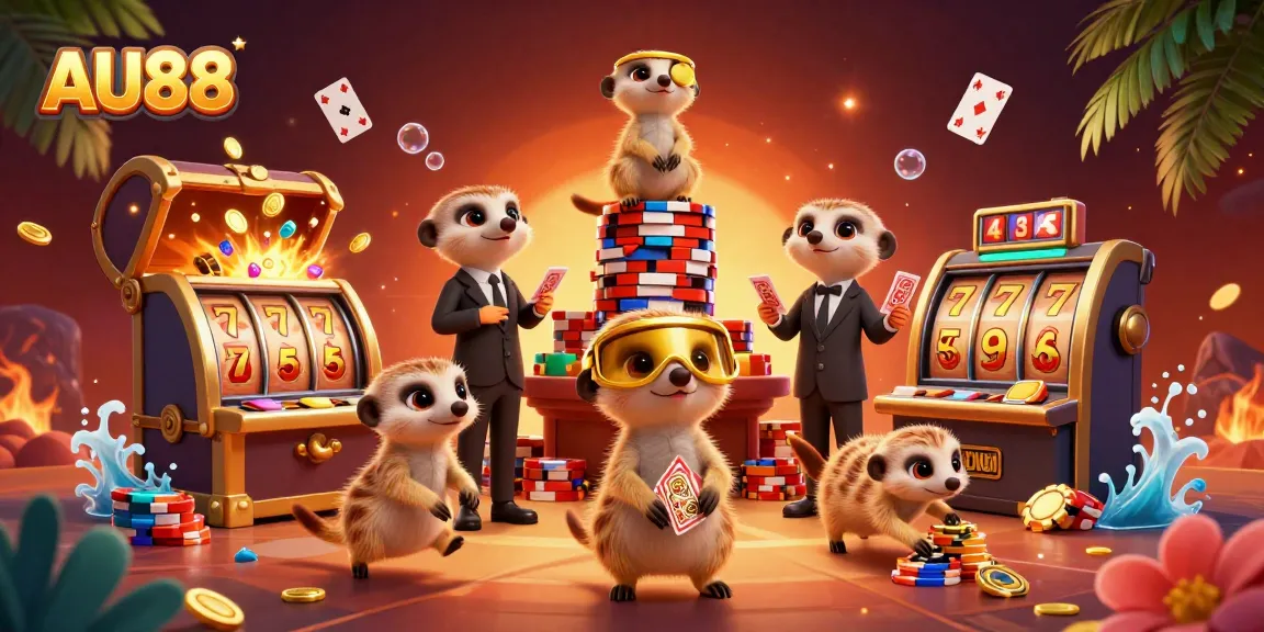 Engage in thrilling casino action with AU88's animated meerkats enjoying slots and jackpots.