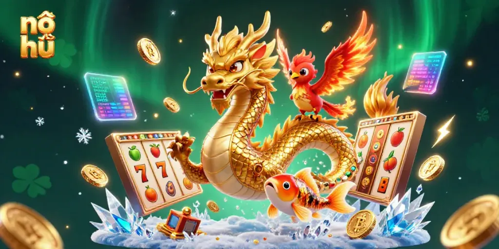 Engaging nổ hũ scene showcasing a fierce dragon, phoenix, and koi fish amid coins and slot game elements.