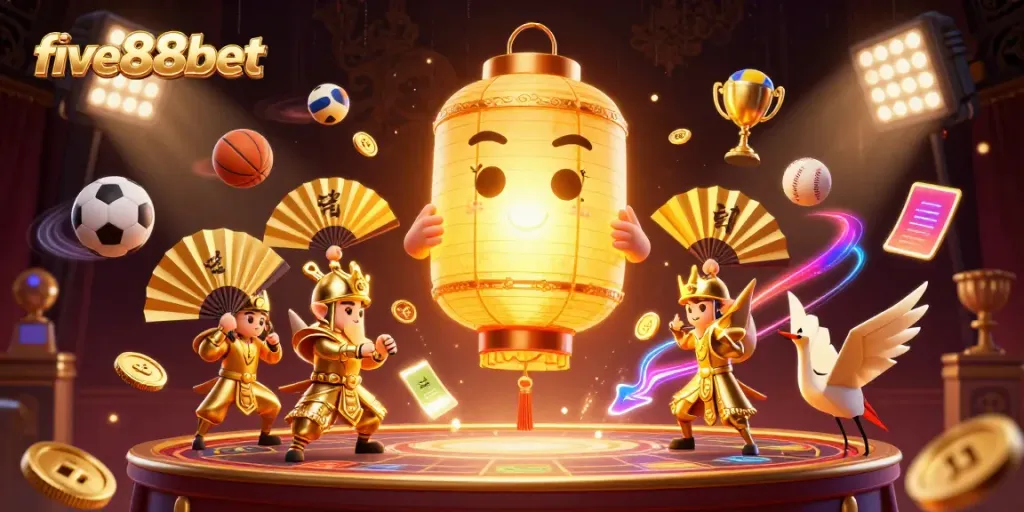 Experience the excitement of five88bet with a vivid 3D illustration showcasing vibrant casino elements and characters.