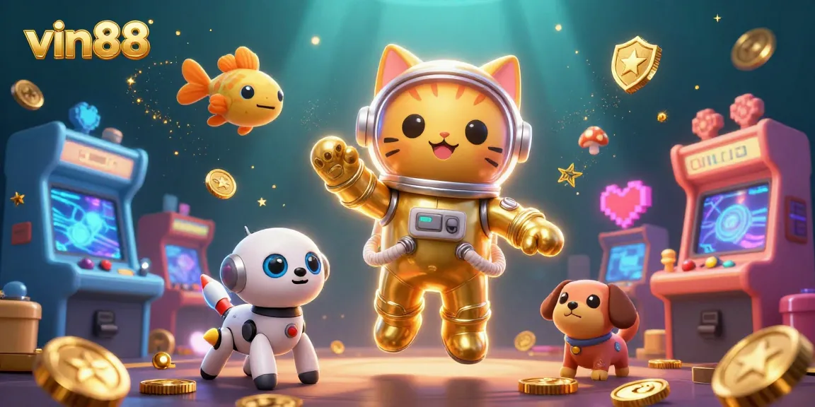 Experience thrilling gaming with vin88, featuring a space cat, robot dog, and vibrant casino elements.