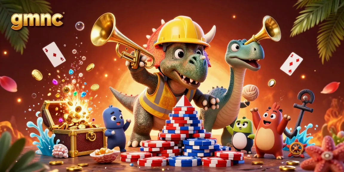 Watch gmnc players celebrate as a triceratops builds a poker chip pyramid in a vibrant casino scene.