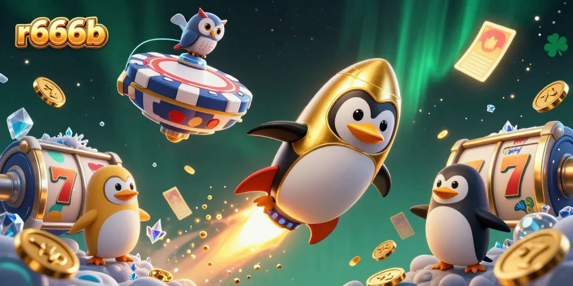 Experience r666b with a golden penguin blasting to a casino station, surrounded by dynamic slot elements.