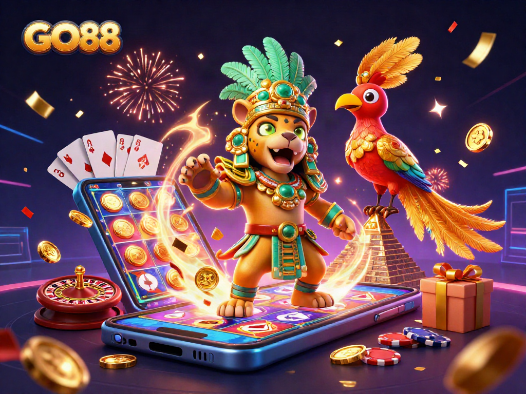 Play GO88 with excitement amidst vibrant 3D casino elements in this colorful illustration.
