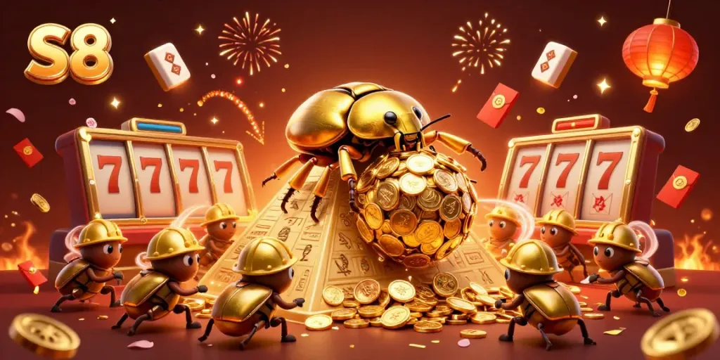 Experience the excitement at S8 with a golden beetle rolling jackpot coins in an electrifying casino environment.