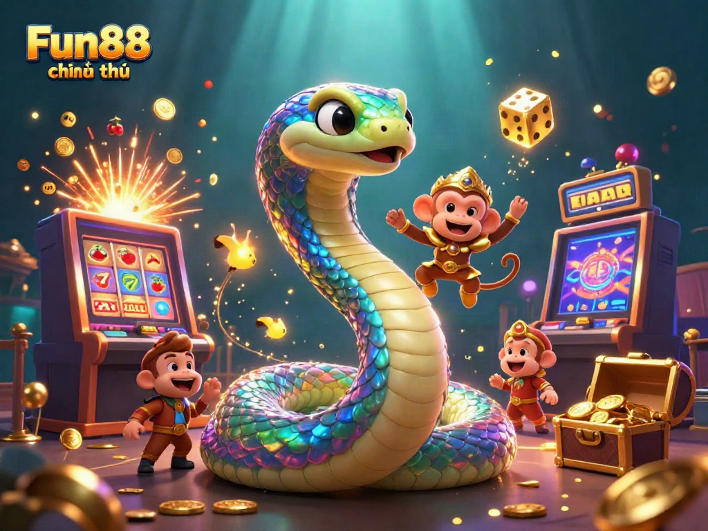Experience the vibrant allure of Fun88 chính thức with our dynamic casino-themed illustration featuring a rainbow serpent.