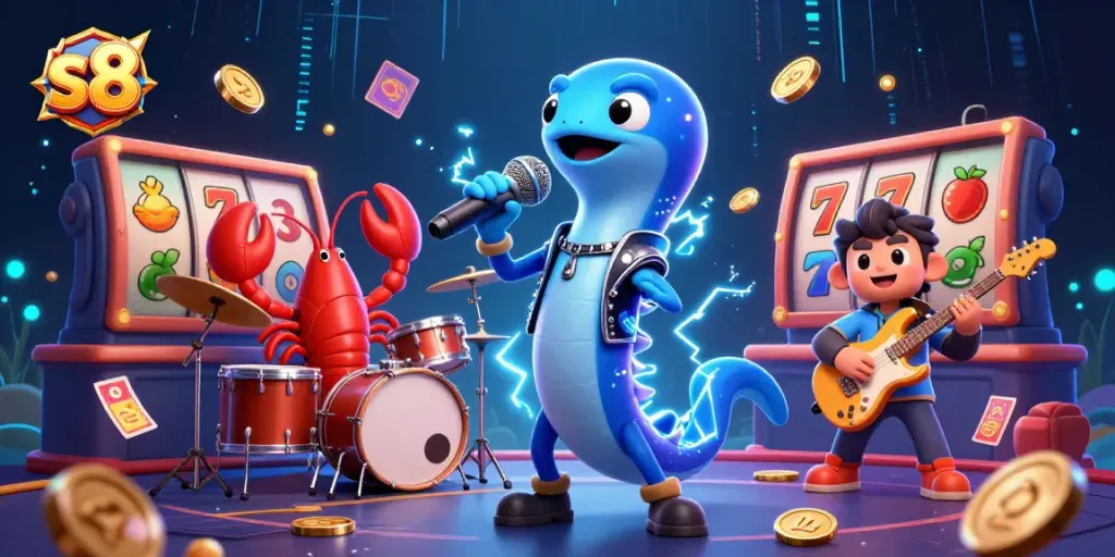 Experience thrilling gameplay with s8 in a vibrant underwater casino scene featuring an electric eel DJ and colorful slot reels.