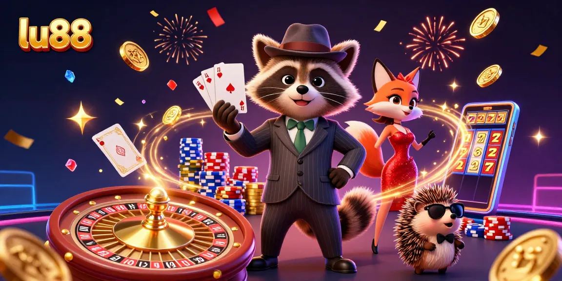 lu88 players enjoying a vibrant casino scene with a raccoon, fox, and hedgehog amidst cascading coins and cards