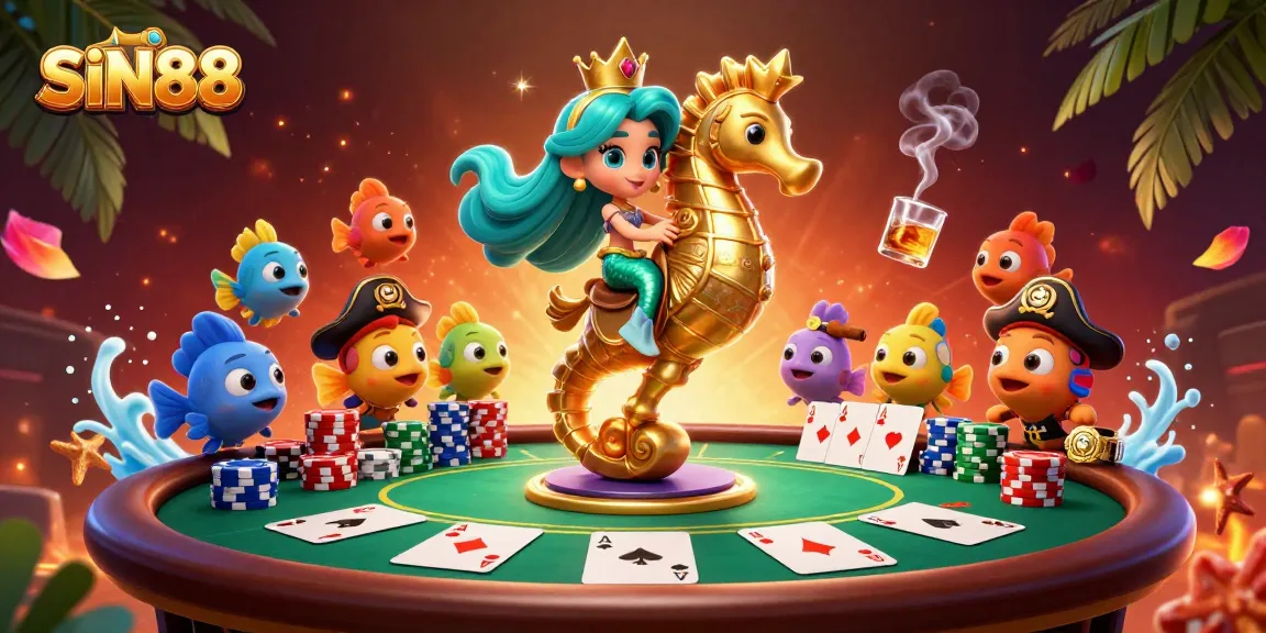 SIN88 offers thrilling poker action featuring a mermaid princess and a giant seahorse surrounded by vibrant underwater elements.