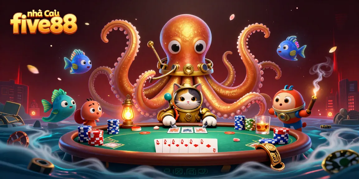 Experience excitement with nhà cái five88’s vibrant poker scene featuring a colossal kraken and treasures.